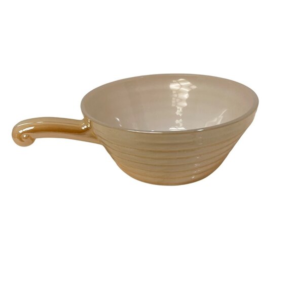 Vintage Fire King Beige Ceramic Soup Bowl With Handle 5" x 7" - Picture 3 of 5